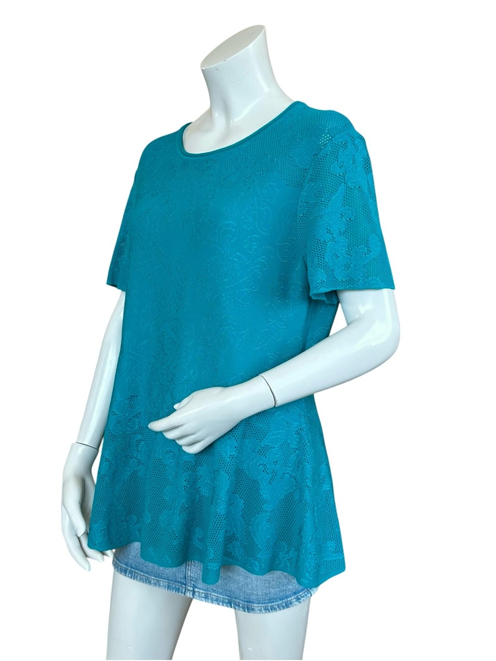 St. John Boutique Teal Jacquard Short Sleeve Peplum Paisley Blouse Size XL - Picture 9 of 11